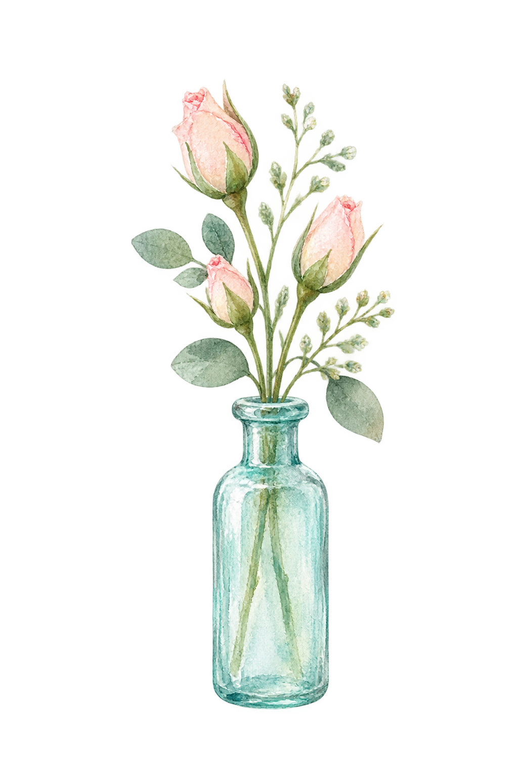 A washed aqua bottle holding pale pink rosebuds and greenery