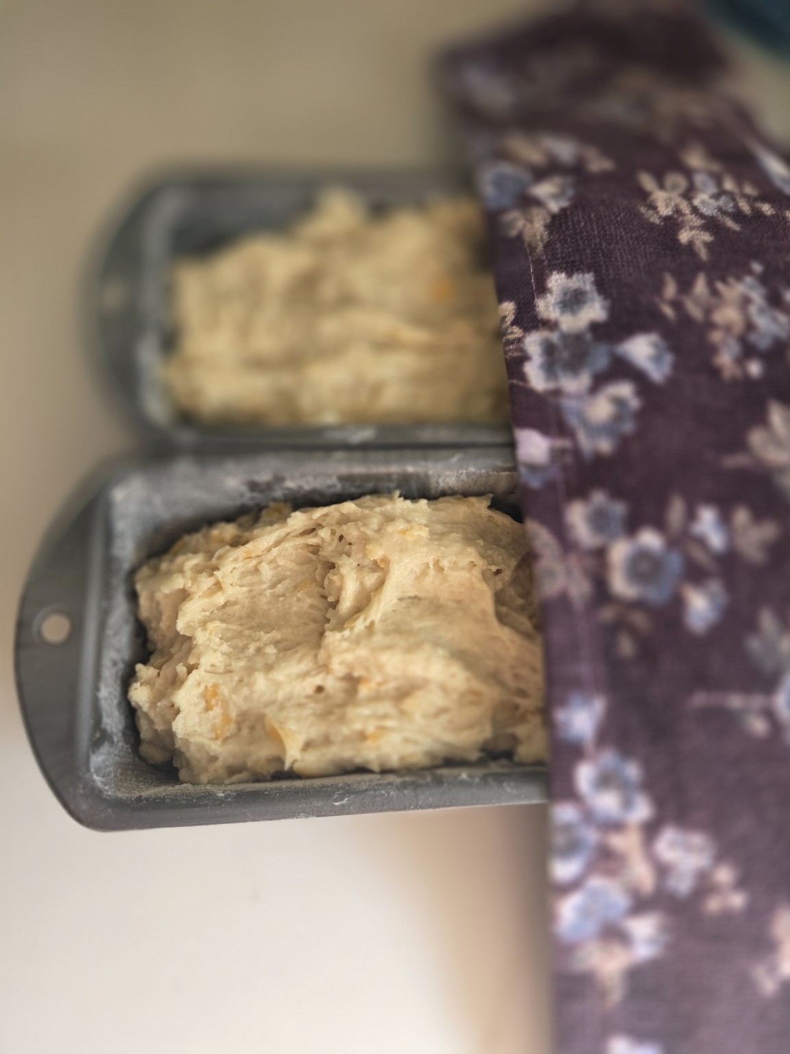 Homemade cheese bread dough in loaf pans, ready to rise