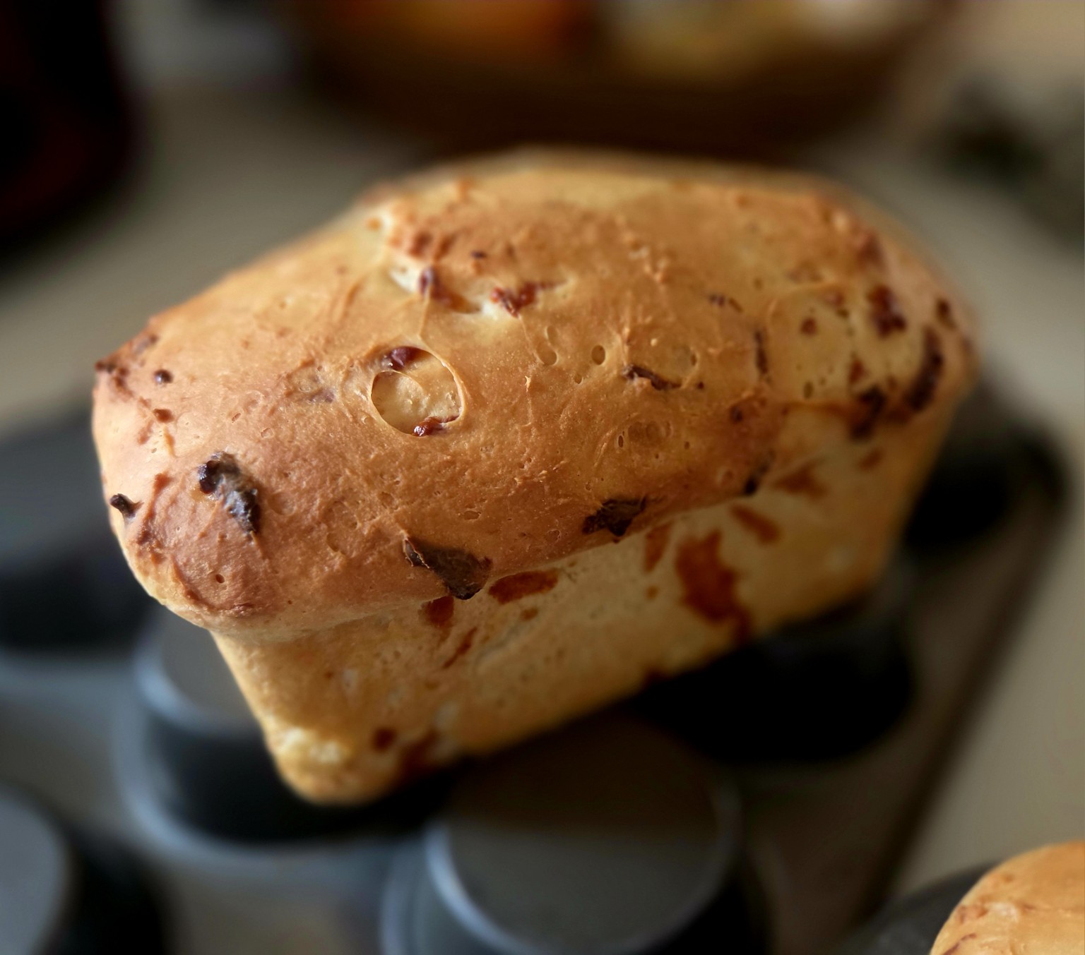 Golden loaf of homemade organic cheese bread, fresh from the oven