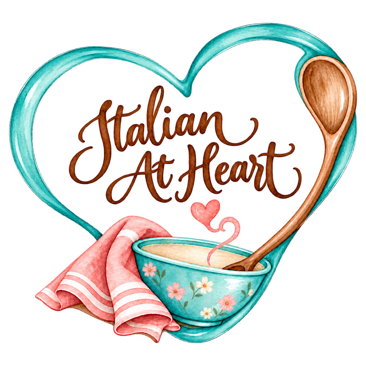 Italian At Heart heart-shaped logo with a floral aqua mixing bowl and pink towel