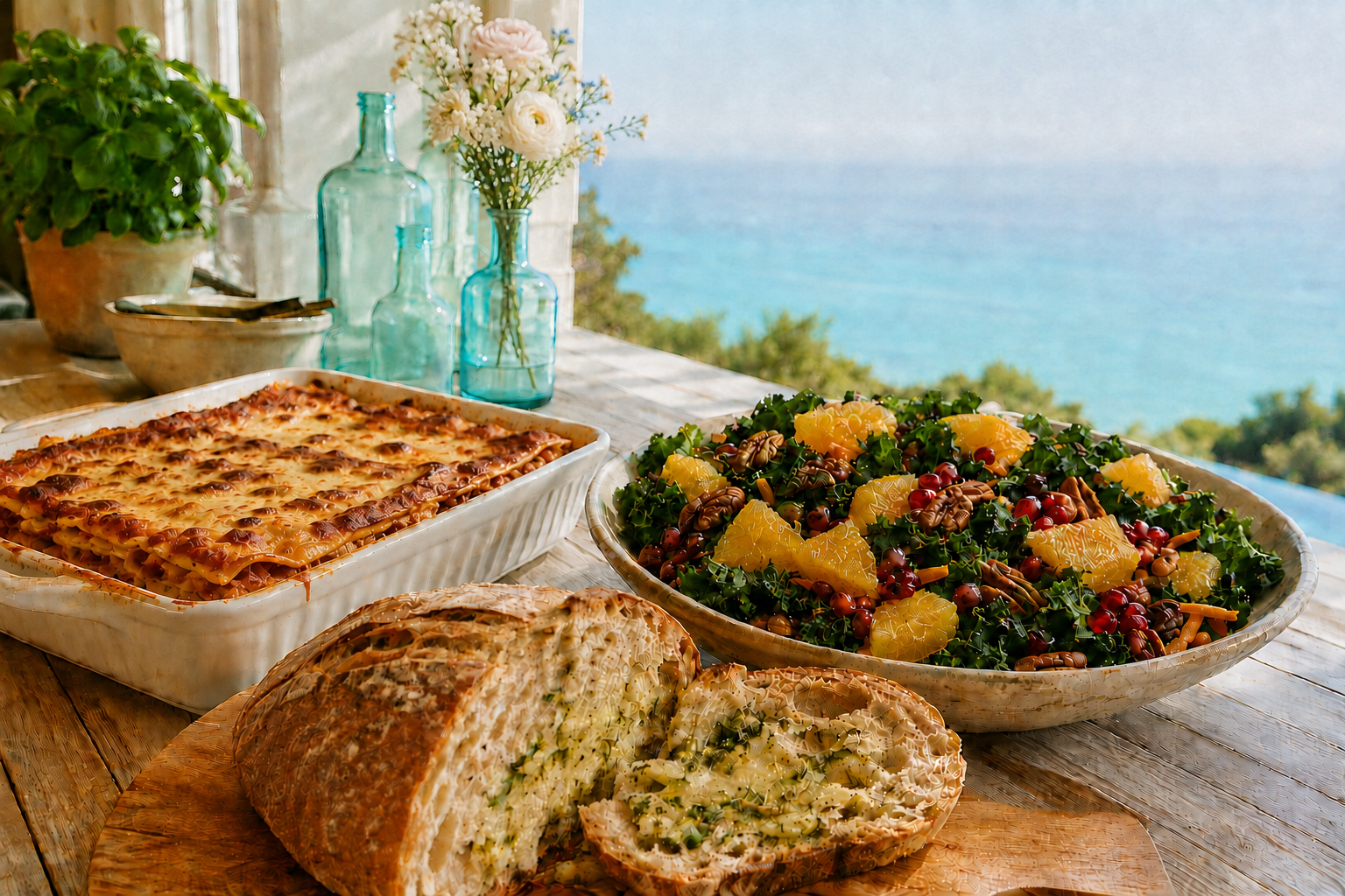 Lasagna, salad, and bread set beside a bright ocean view with flowers in aqua glass bottles